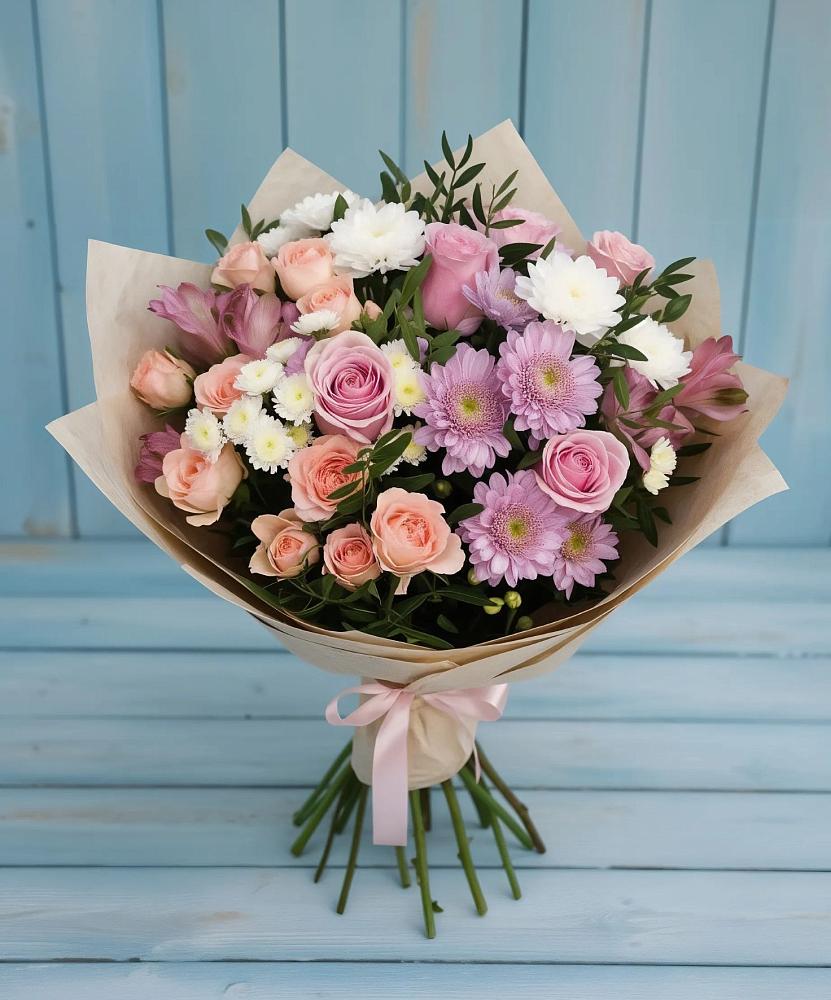 Букет цветов из: Хризантемы, Розы и Альстромерии в Котляревской